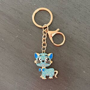 Cat Kitten Allover Blue Rhinestone & Enamel Bow 4.5" Bag Purse Charm Keychain